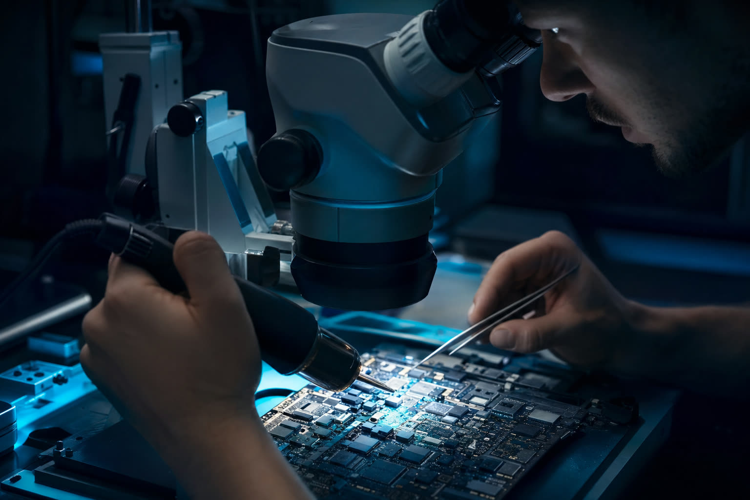Técnico de Microfix realizando microsoldadura sobre una placa madre