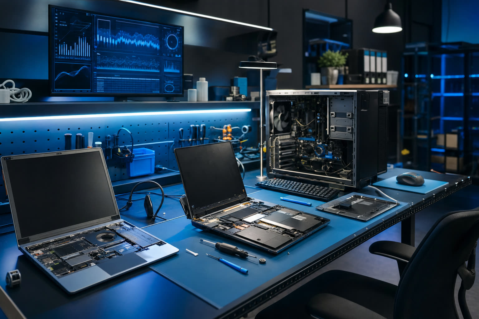 Banco de trabajo de Microfix con notebooks y PC en servicio